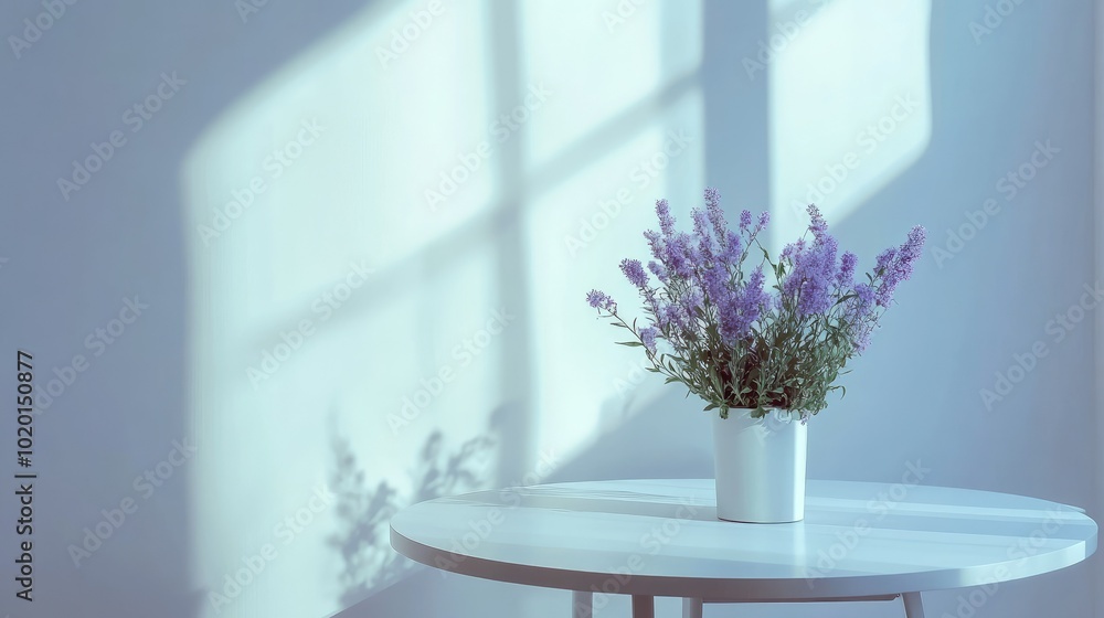 Fototapeta premium Minimalist shot of a white table holding a bunch of purple flowers in soft lighting