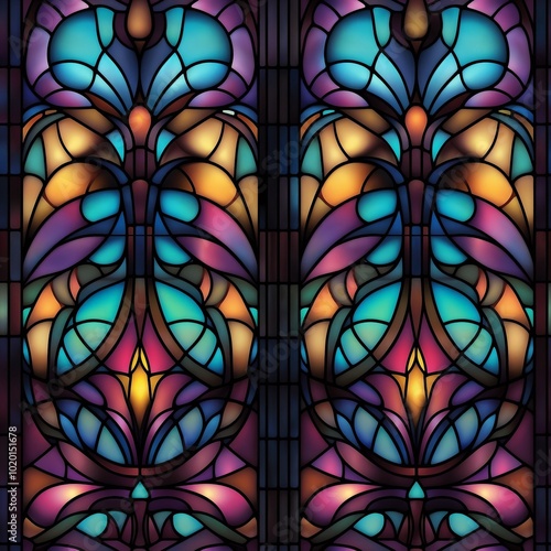 Seamless stained glass pattern with bright colors for artistic and decorative purposes