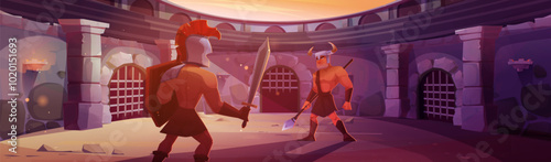 Ancient gladiator warriors in helmets, with sword and spear fighting on roman round arena with lattice gates, stone walls and sandy floor. Cartoon vector Medieval spartan soldier battle competition.