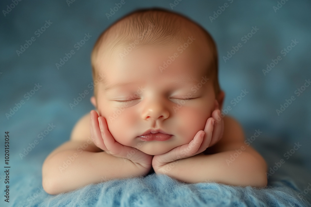 baby is sleeping on a blue blanket. The baby's face is resting on its hands, and its eyes are closed. Concept of peace and innocence, as the baby is in a vulnerable and relaxed state baby is sleeping on a blue blanket. The baby's face is resting on its hands, and its eyes are closed. Concept of peace and innocence, as the baby is in a vulnerable and relaxed state