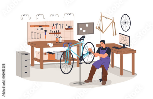 Bicycle repair at professional workshop. Mechanic fixing broken bike. Worker at maintenance service, garage. Repairman with damaged vehicle. Flat vector illustration isolated on white background