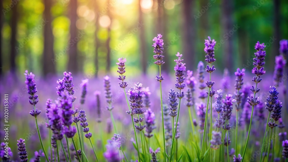 Blurred image of lavender flowers in a forest Blurred image of lavender flowers in a forest