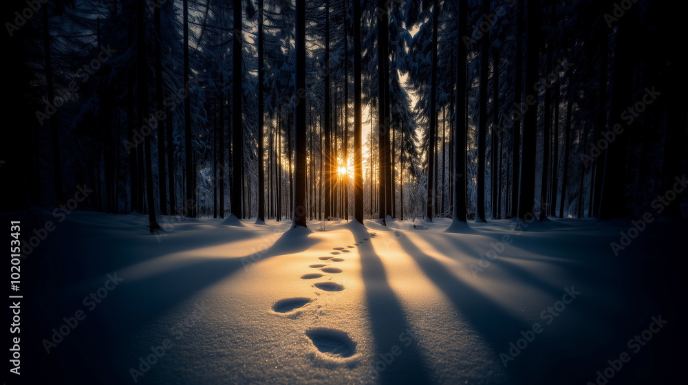 A quiet winter forest with sunlight shining through the trees, footprints on the snow-covered ground. A quiet and mysterious winter forest scene. A quiet winter forest with sunlight shining through the trees, footprints on the snow-covered ground. A quiet and mysterious winter forest scene.