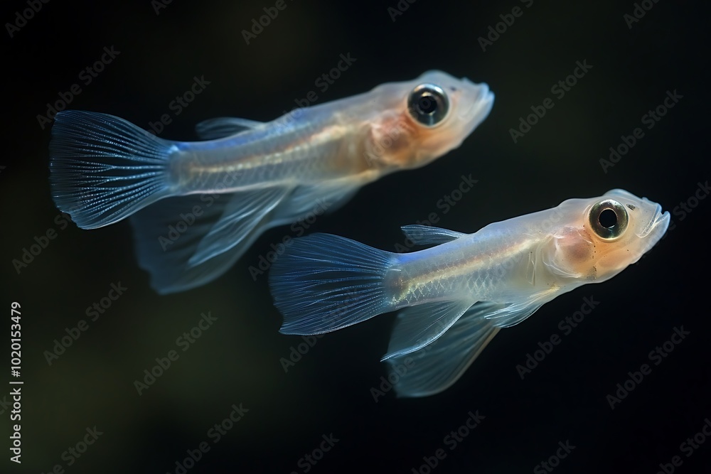 Two translucent fish swimming gracefully in dark water, showcasing their delicate features. Two translucent fish swimming gracefully in dark water, showcasing their delicate features.