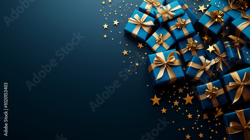 Blue gifts with golden bows and ribbons placed on blue background near stars photo