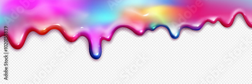 Rainbow colored leak and drip jelly syrup or gel on transparent background. Realistic 3d vector illustration of colorful sweet spill gooey surface frame. Bright color slime or paint wave border.