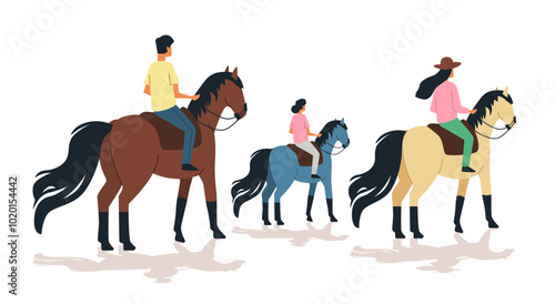 People horseback riding outdoor activity various horse colors family leisure reflection white background