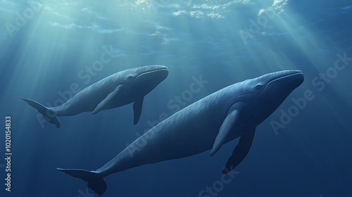 Two whales swimming gracefully in deep blue water, illuminated by sunlight beams.