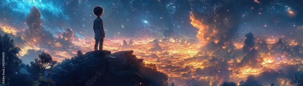 Obraz premium Rear view of a scientist gazing at a fantasy landscape, surreal lighting spills across vibrant worlds, endless possibilities await