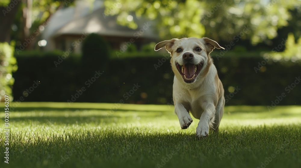 A happy dog playing fetch on a summer day, mid-chase on a green lawn, captured in action A happy dog playing fetch on a summer day, mid-chase on a green lawn, captured in action