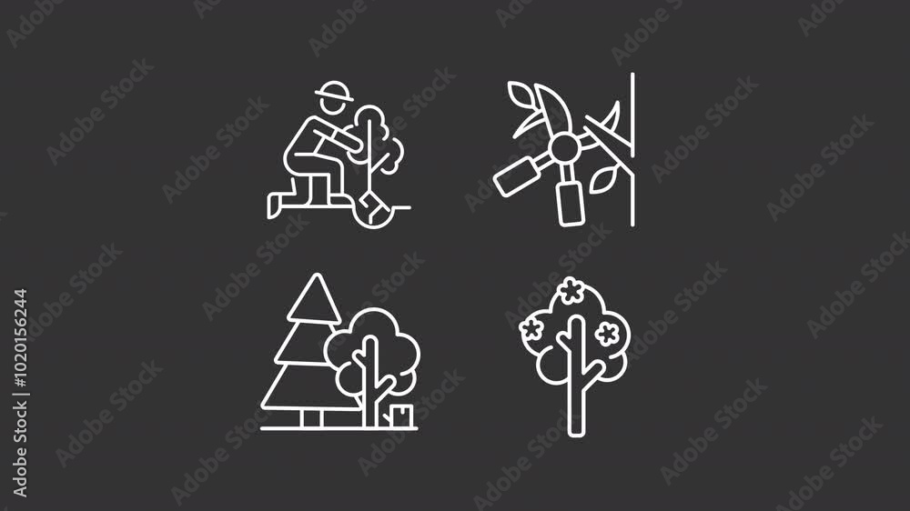 Garden work white line animations. Animated trees icons. Gardening tools. Tree planting and pruning. Isolated illustrations on dark background. Transition alpha. HD video. Icon pack Garden work white line animations. Animated trees icons. Gardening tools. Tree planting and pruning. Isolated illustrations on dark background. Transition alpha. HD video. Icon pack