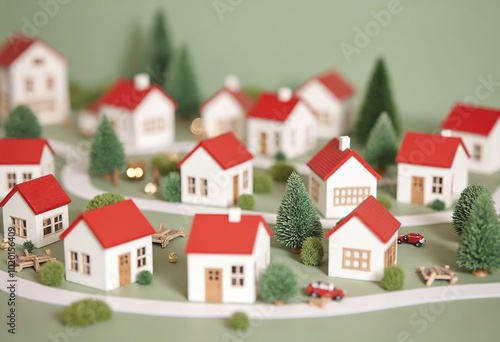 Miniature model village with white houses and red roofs displaying a quaint and charming community setting photo