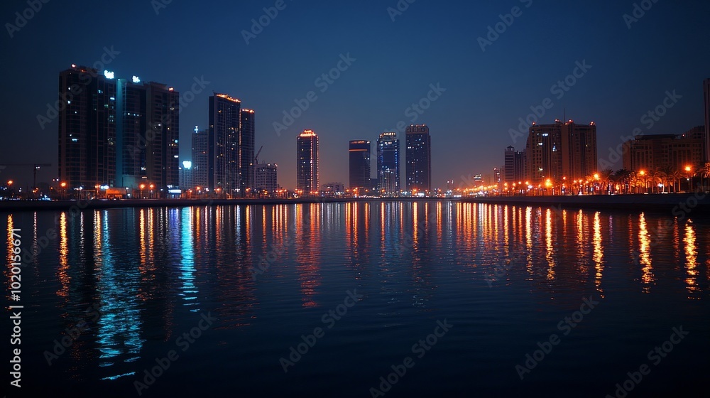 Fototapeta premium A cityscape at night with tall buildings reflected in the water.