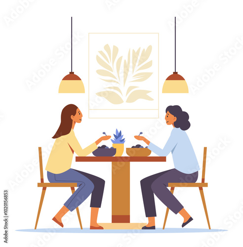 Two women eating together dining table modern interior plants hanging lights