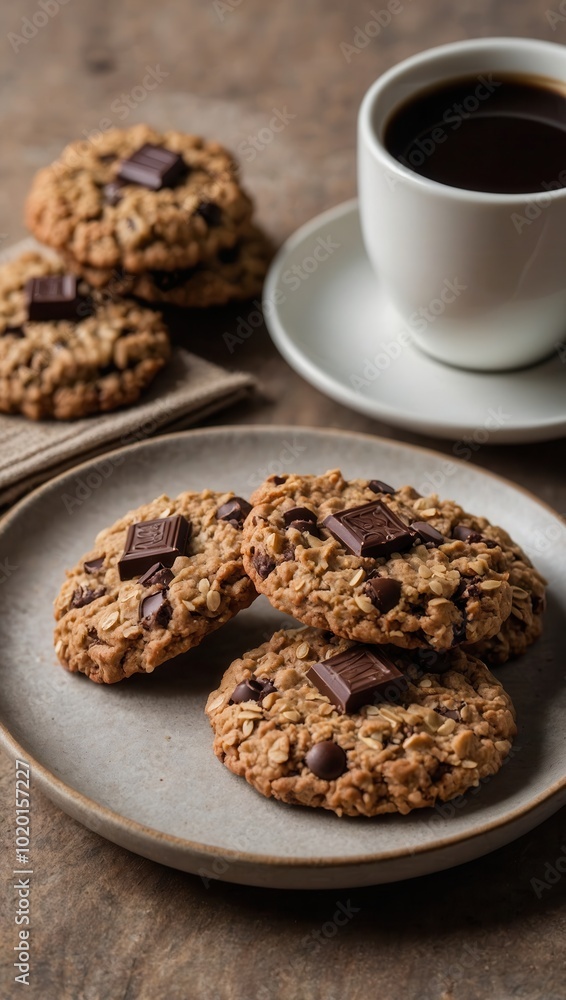 Plate of chocolate chip cookies and coffee cup in a cozy, warm setting Plate of chocolate chip cookies and coffee cup in a cozy, warm setting