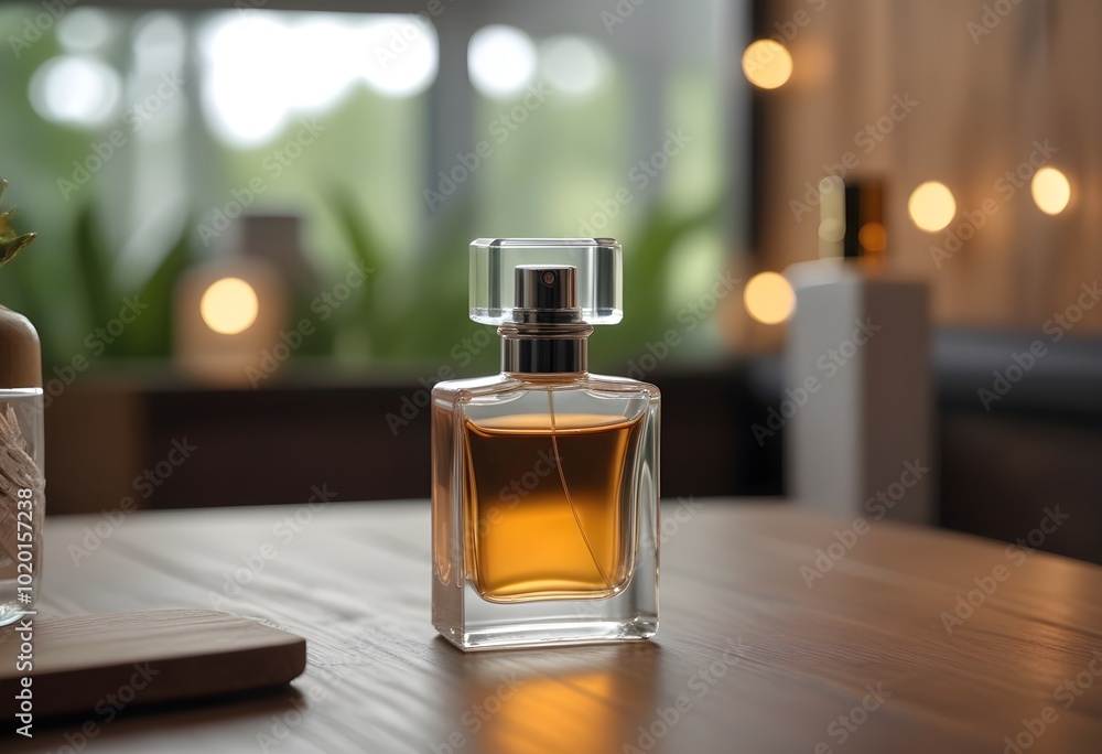 A glass bottle of perfume on a wooden surface with a blurred background of a glass and other objects A glass bottle of perfume on a wooden surface with a blurred background of a glass and other objects