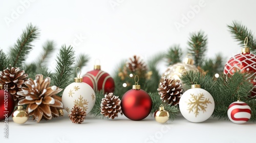 Festive christmas white background with 3d rendered christmas balls, ornaments, and holiday decorations, perfect for seasonal greeting cards, invitations, banners, and holiday-themed digital designs 