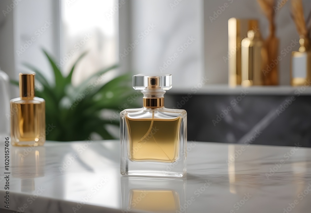 A glass bottle of perfume on a marble counter with a blurred background of a glass and other objects A glass bottle of perfume on a marble counter with a blurred background of a glass and other objects