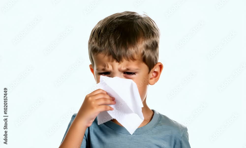 young boy sneezes into a tissue, capturing the common symptoms of a cold or allergy in a clean, emphasizes health, hygiene, and seasonal sickness in children young boy sneezes into a tissue, capturing the common symptoms of a cold or allergy in a clean, emphasizes health, hygiene, and seasonal sickness in children