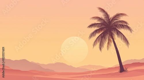 A serene desert landscape featuring a palm tree silhouetted against a colorful sunset, perfect for travel and nature themes.