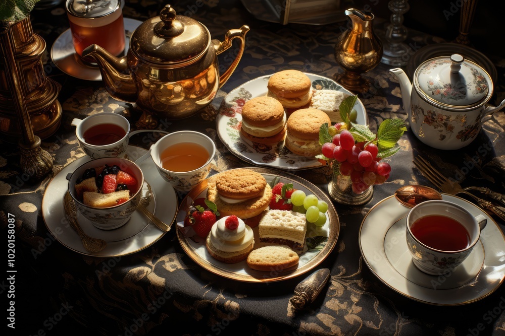 Elegant Afternoon Tea with Delicacies and Teapots Elegant Afternoon Tea with Delicacies and Teapots