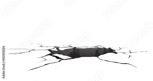 Crack on wall. Brocken concrete floor with hole. 3d texture of split surface. Isolated realistic fracture and destruction perspective view. Drought cement or ground with line. Hit impact illustration