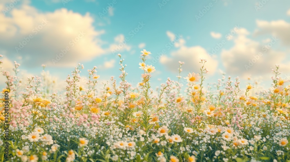 Obraz premium White and Yellow Wildflowers in a Field with a Blue Sky and Clouds