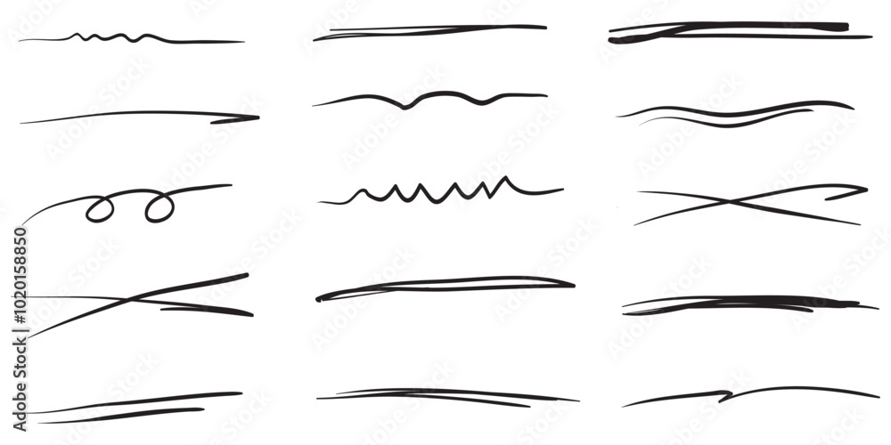 Swift crossed and wavy underlines. Underline markers collection. Vector illustration of scribble lines isolated on white background. Swift crossed and wavy underlines. Underline markers collection. Vector illustration of scribble lines isolated on white background.