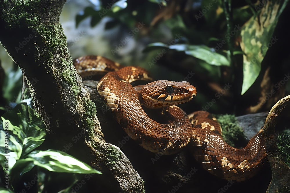 Naklejka premium A brown snake resting on a branch surrounded by lush green foliage.