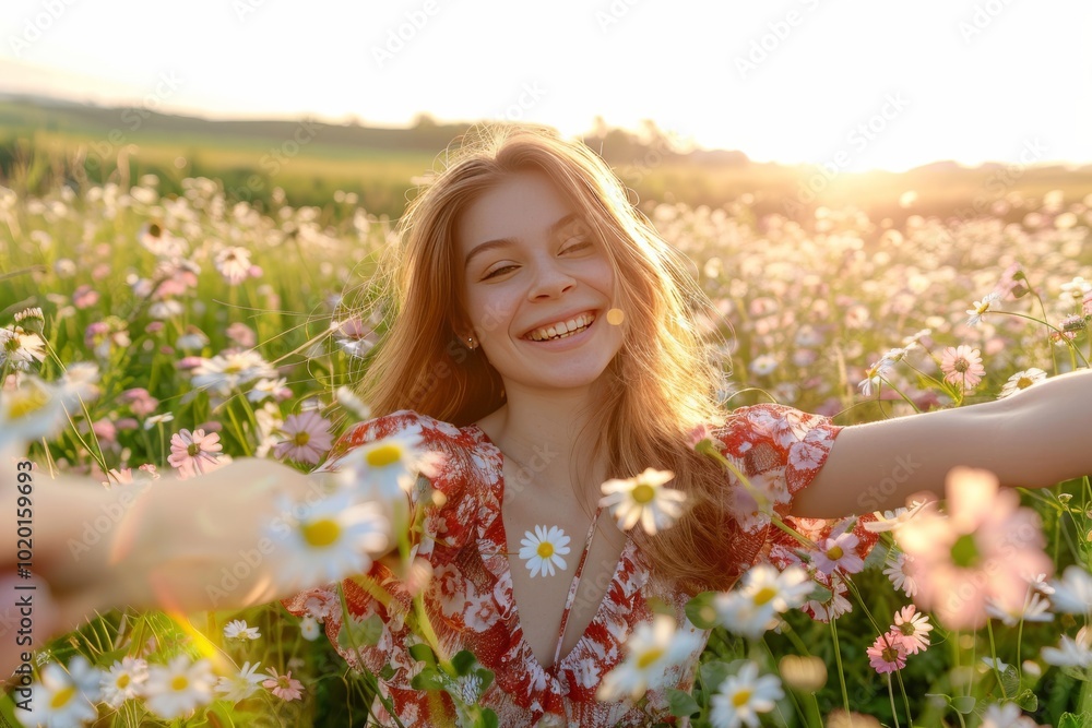 A joyful woman taking a selfie in a chic summer dress amidst a blooming flower field, celebrating A joyful woman taking a selfie in a chic summer dress amidst a blooming flower field, celebrating