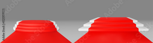 Round and square stair product podium with red carpet. Realistic 3d vector illustration set of winner award ceremony and goods presentation stage with steps. White premium platform template.