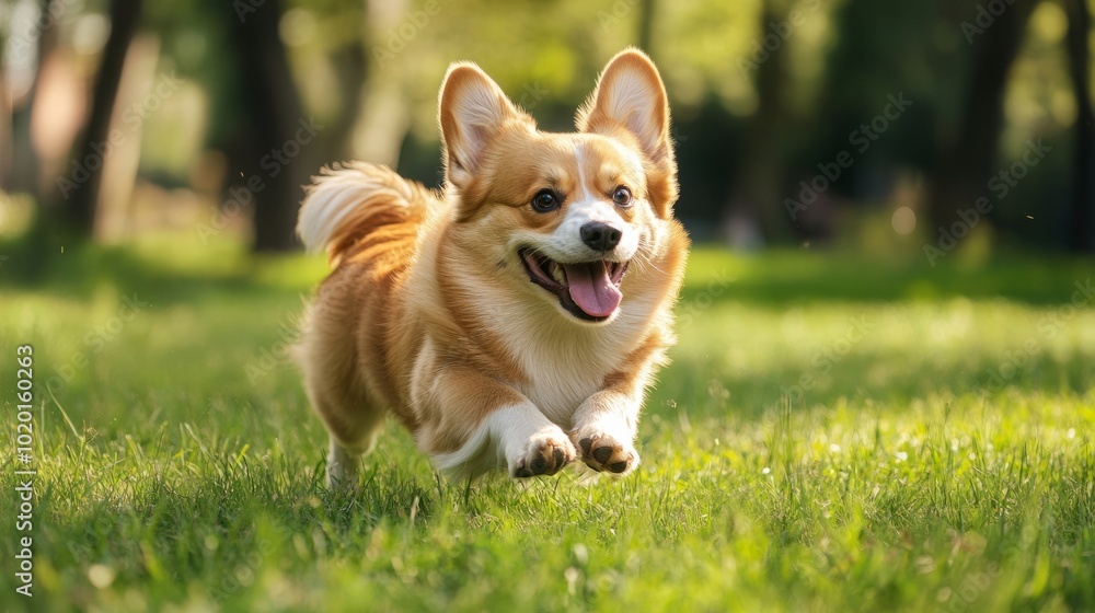 Full-length portrait of a dog running joyfully across a grassy field, with the sunlight highlighting its fur. Full-length portrait of a dog running joyfully across a grassy field, with the sunlight highlighting its fur.