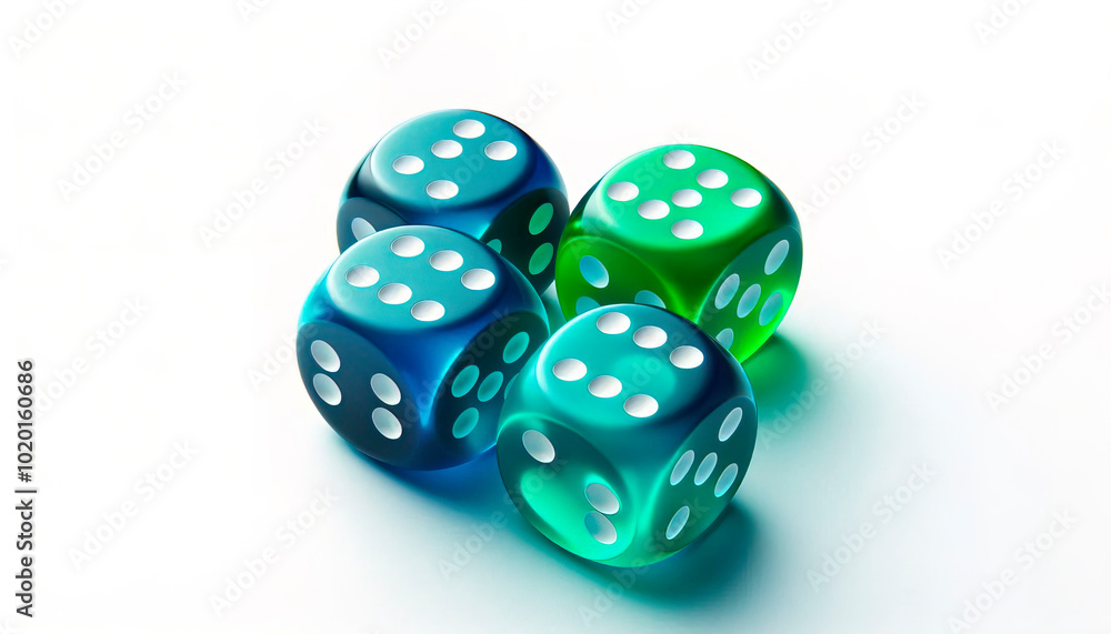 Blue and green gambling dice, macro isolated on white background, top view Blue and green gambling dice, macro isolated on white background, top view