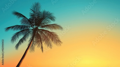 A tranquil palm tree silhouetted against a vibrant sunset, perfect for vacation and relaxation themes.