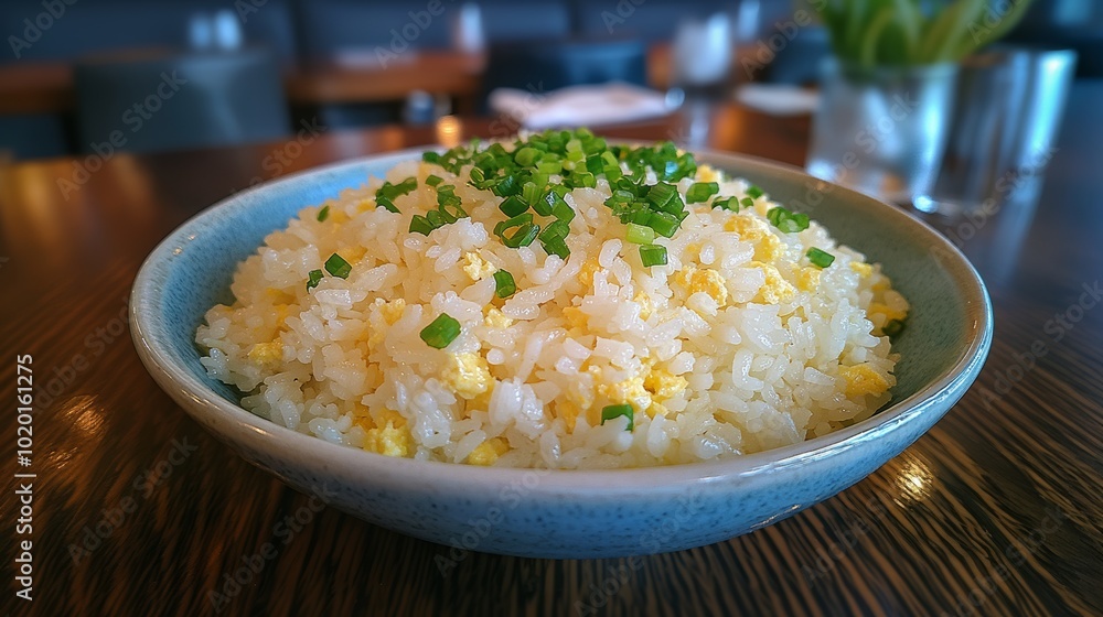 Tazón de arroz frito con huevo y cebollino, servido en un ambiente de restaurante.
Tazón de arroz frito con huevo y cebollino, servido en un ambiente de restaurante.