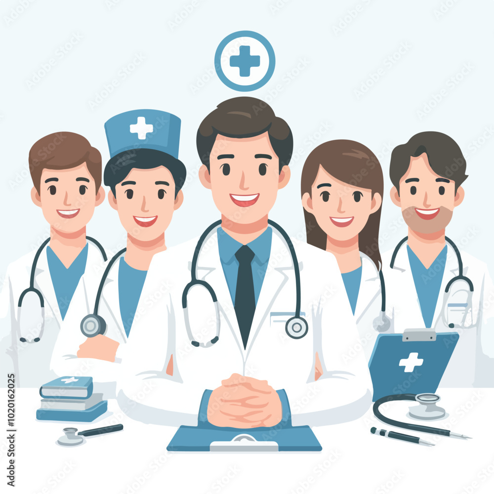 Set of smiling doctors, nurses and paramedics. Portraits of male and female medic workers in uniform with stethoscopes, masks and gloves. Flat cartoon vector illustration isolated on white background Set of smiling doctors, nurses and paramedics. Portraits of male and female medic workers in uniform with stethoscopes, masks and gloves. Flat cartoon vector illustration isolated on white background