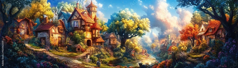 Tilted angle view of a whimsical village where fantasy creatures blend seamlessly with everyday life, vibrant colors Tilted angle view of a whimsical village where fantasy creatures blend seamlessly with everyday life, vibrant colors