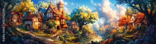 Tilted angle view of a whimsical village where fantasy creatures blend seamlessly with everyday life, vibrant colors