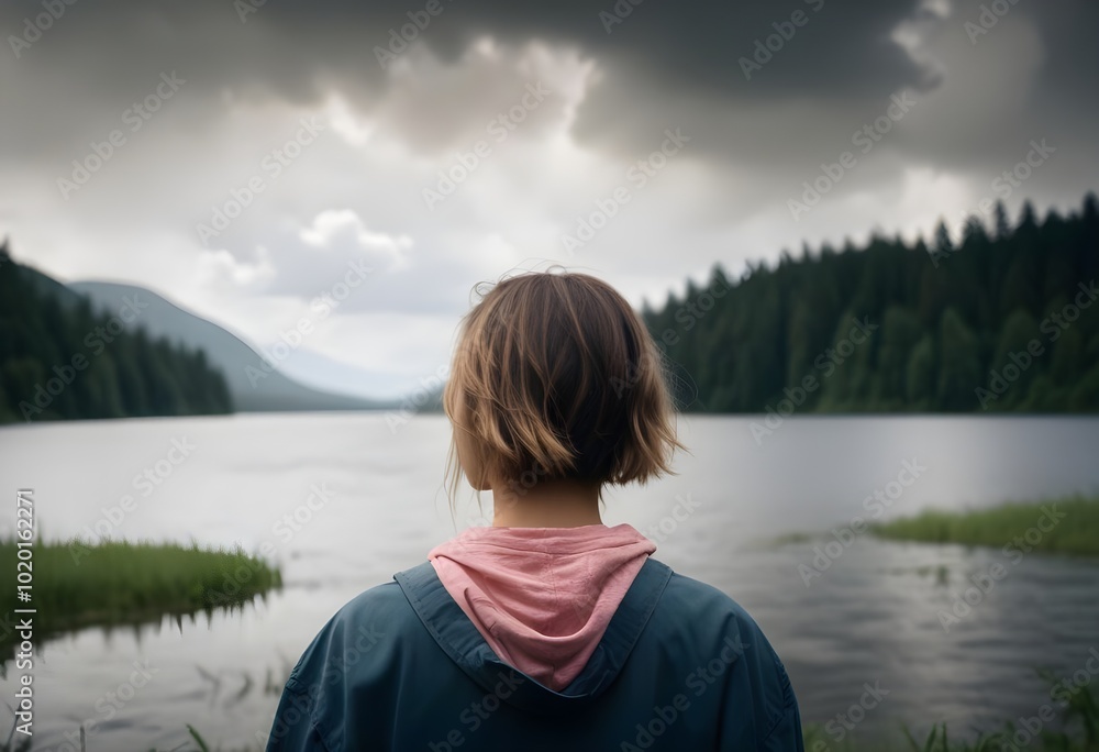 Fototapeta premium A young woman , standing in front of a lush, forested landscape