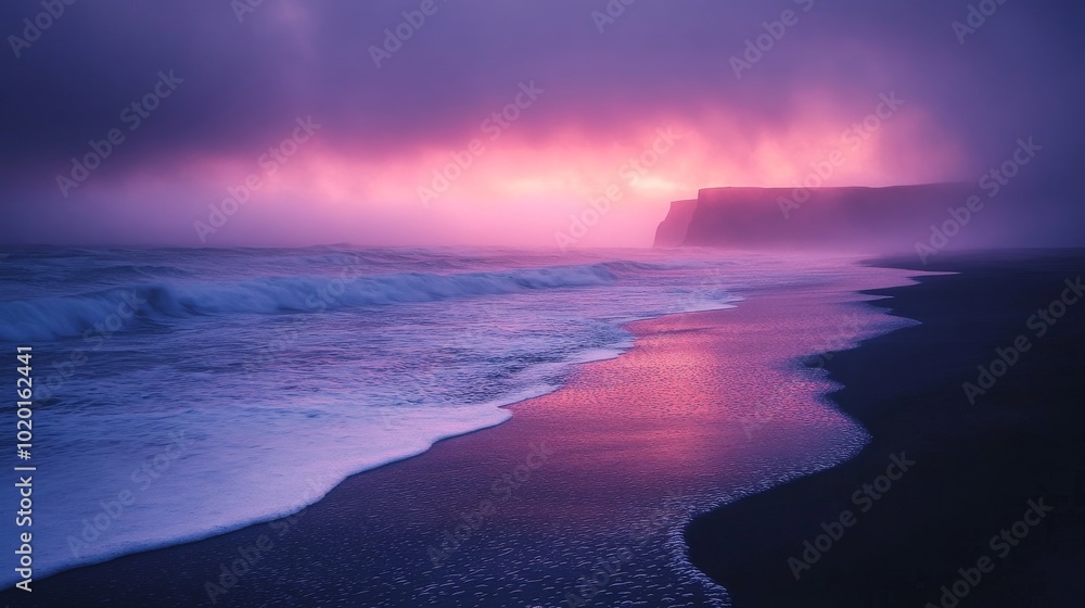 Fototapeta premium Dramatic Pink Sunset over a Black Sand Beach with Foamy Waves
