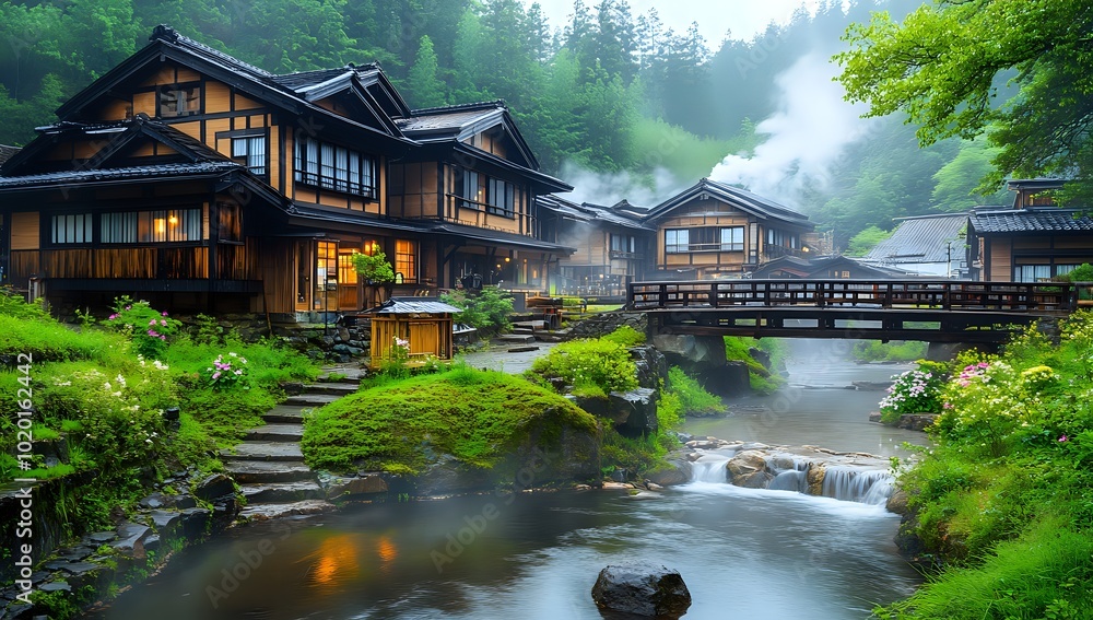 Serene Japanese village with traditional houses, a wooden bridge and a flowing stream with a waterfall. Serene Japanese village with traditional houses, a wooden bridge and a flowing stream with a waterfall.