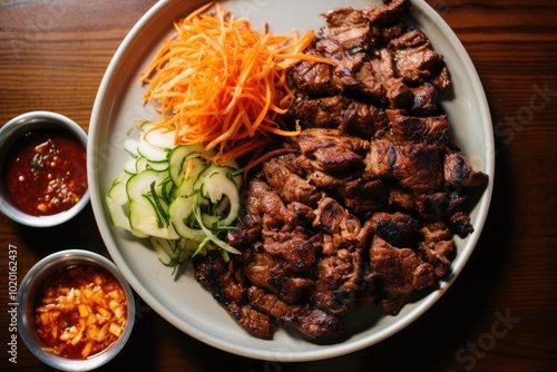 Grilled Meat Plate with Fresh Vegetables and Sauces