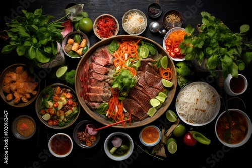 Colorful Asian Cuisine with Fresh Ingredients and Dishes