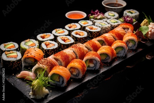 Colorful Sushi Platter on Black Background