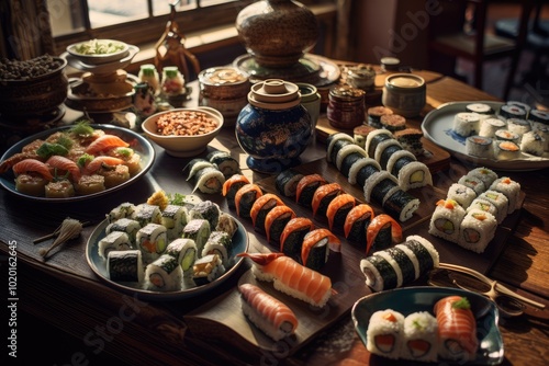 Fresh and Colorful Sushi Display on a Wooden Table