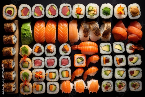 Colorful Assortment of Sushi Dishes on Black Background