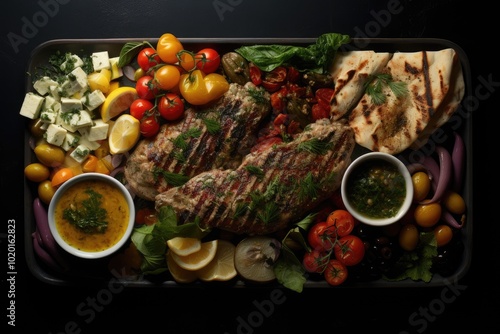 Grilled Meat Platter with Fresh Vegetables and Dips