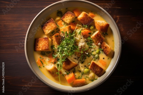 Creamy Soup with Croutons and Fresh Herbs