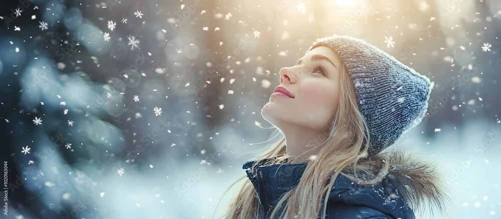 young woman looking up at snowfall in winter young woman looking up at snowfall in winter