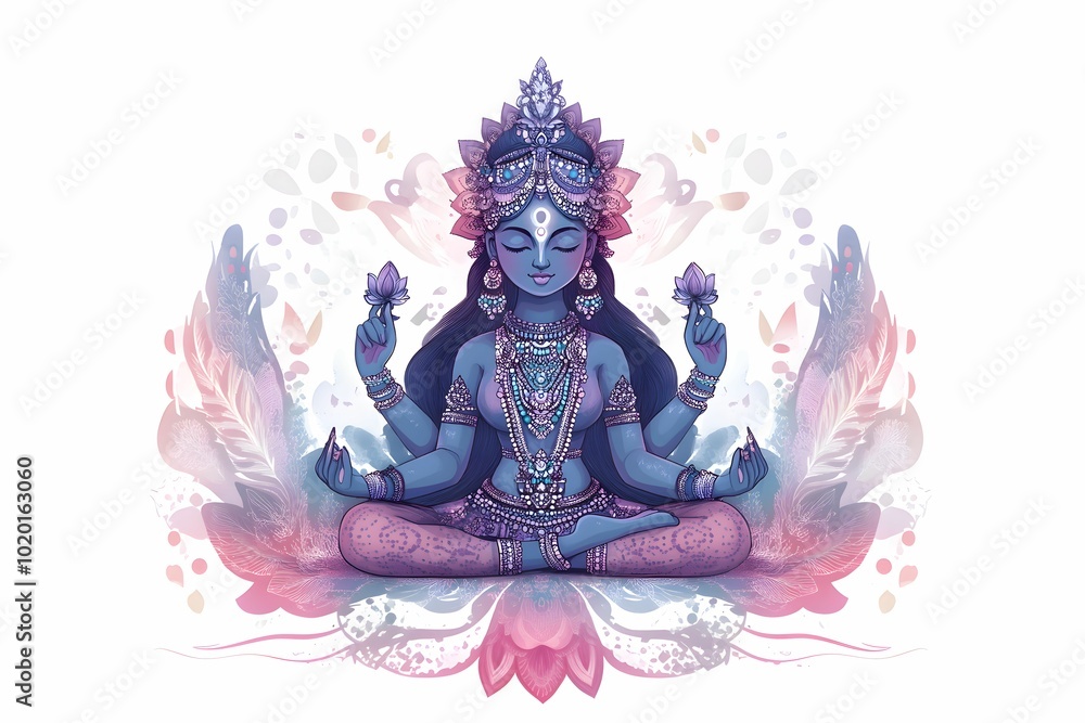 Beautyful cartoon-style drawing of Kali goddess, in pastel colors on a white background. Serene Blue Kali is the Hindu goddess of death and rebirth with Flowers and Jewels Beautyful cartoon-style drawing of Kali goddess, in pastel colors on a white background. Serene Blue Kali is the Hindu goddess of death and rebirth with Flowers and Jewels